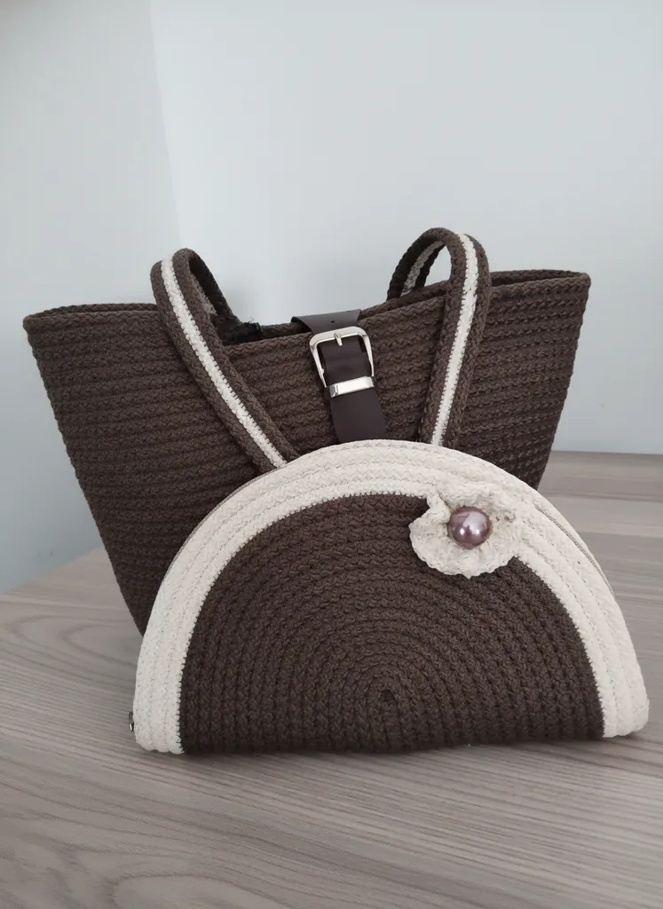 Kahverengi Örgü Büyük Kol Çantası ve Clutch Çanta Seti