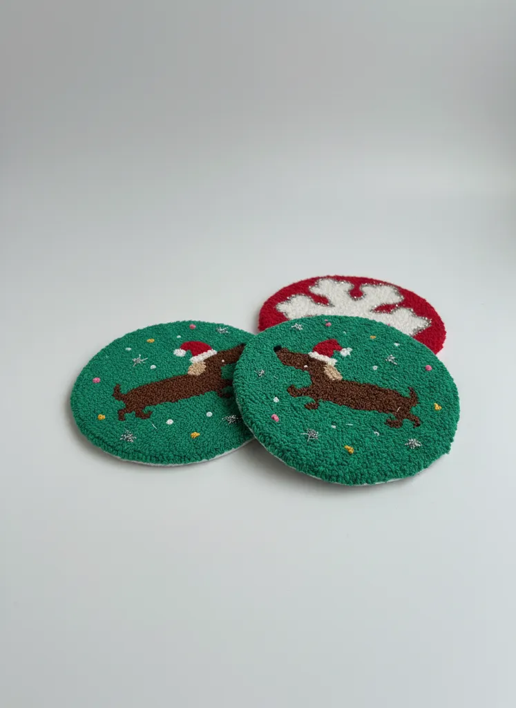 Punch Needle Tekniği ile İşlenmiş Yeni Yıl Temalı Bardak Altlığı