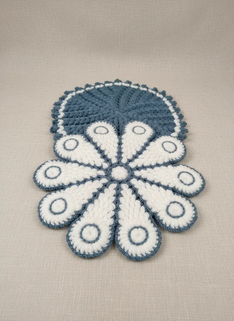 Mavi ve Beyaz Renkli Çiçek Desenli Örgü Lif - El Emeği