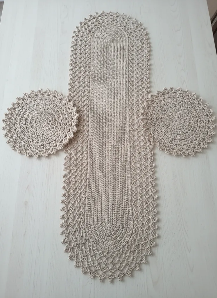 Krem Rengi El Örgüsü Runner ve Supla Takımı - 7 Parça