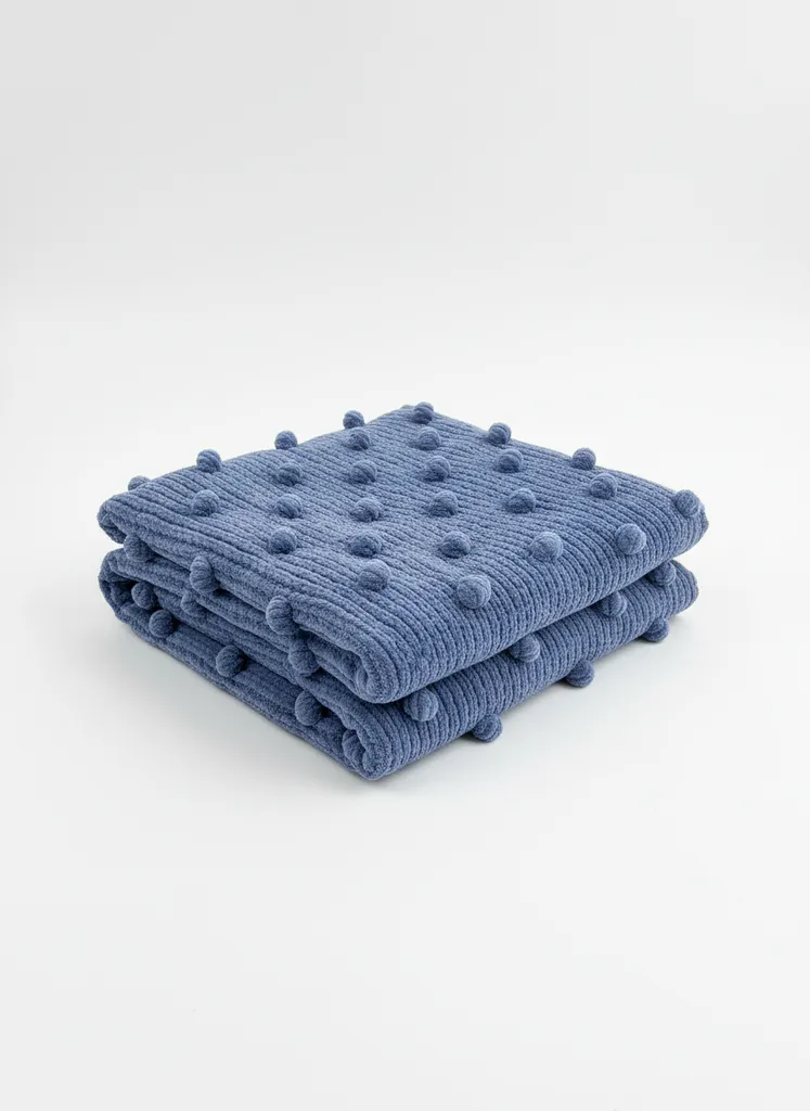Mavi Ponponlu Kadife Bebek Battaniyesi - 100x100 cm - El Örgüsü