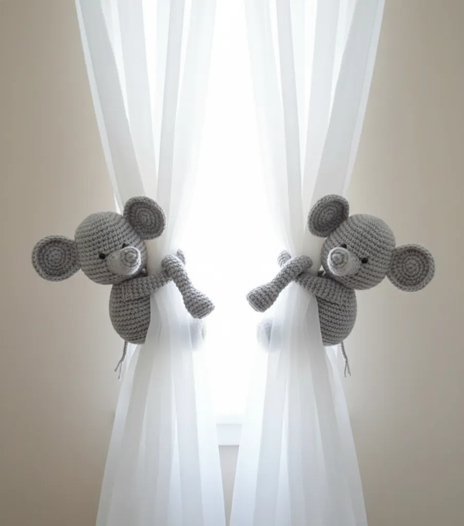 Gri Örgü Fil Perde Tutucu 2'li - El Emeği Çocuk Odası Dekor