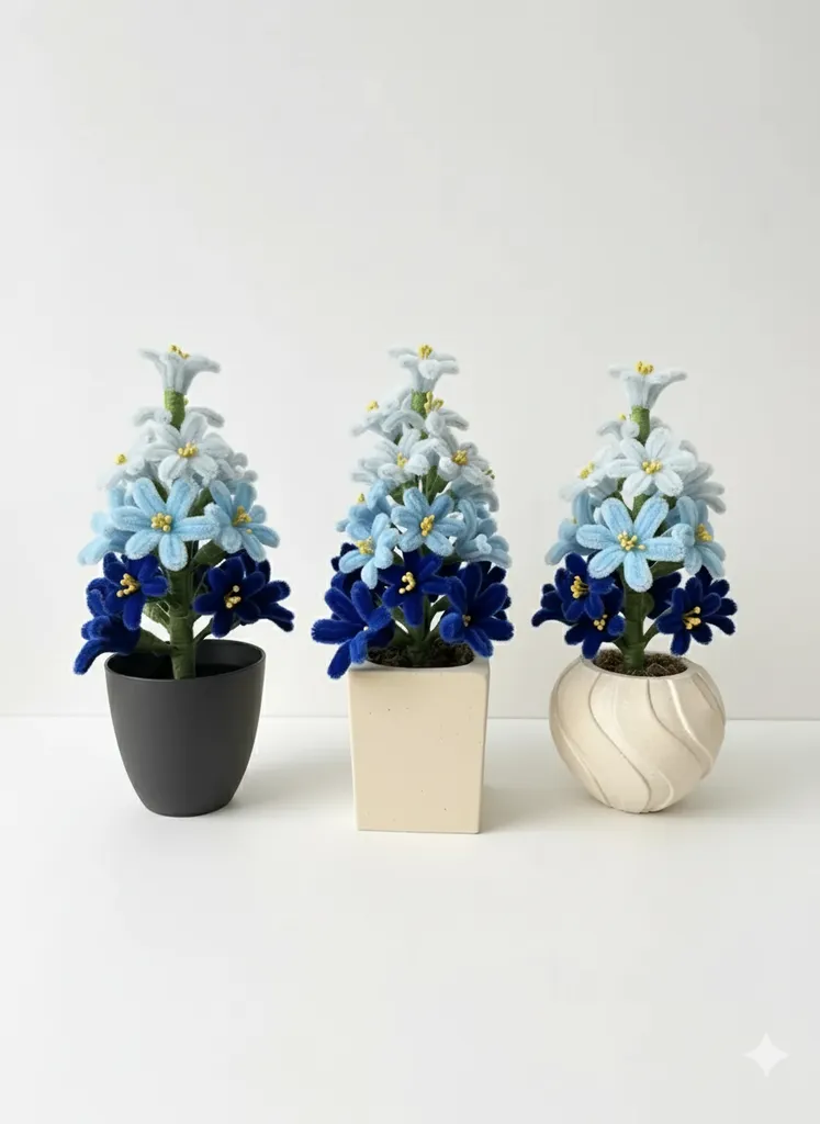 Şönil İpten Sümbül Saksı Çiçeği - Mavi Tonlarında El Emeği Dekoratif