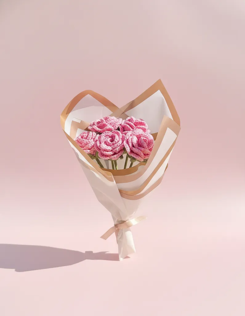 Pembe Örgü Gül Buketi - Solmayan, Dekoratif, El Yapımı