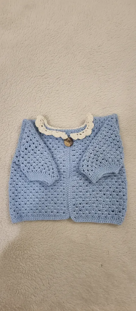 Blue Knitted Cardigan for Kids - Bamboo Blend, Lace Collar, Handmade