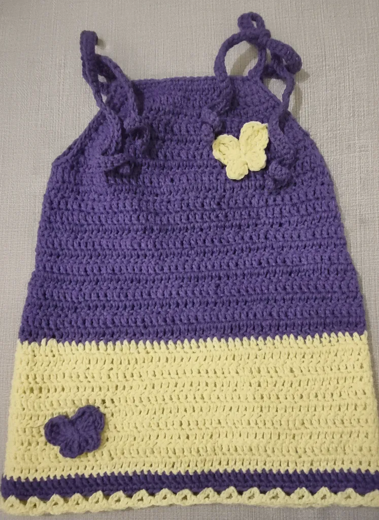 Mor ve Sarı Kız Çocuk Örgü Elbise - Pamuk İpten El Emeği