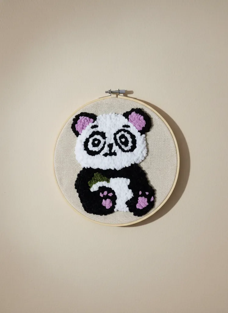Panda Pattern Punch Needle Embroidery Wall Hanging - 25 cm Wooden Hoop