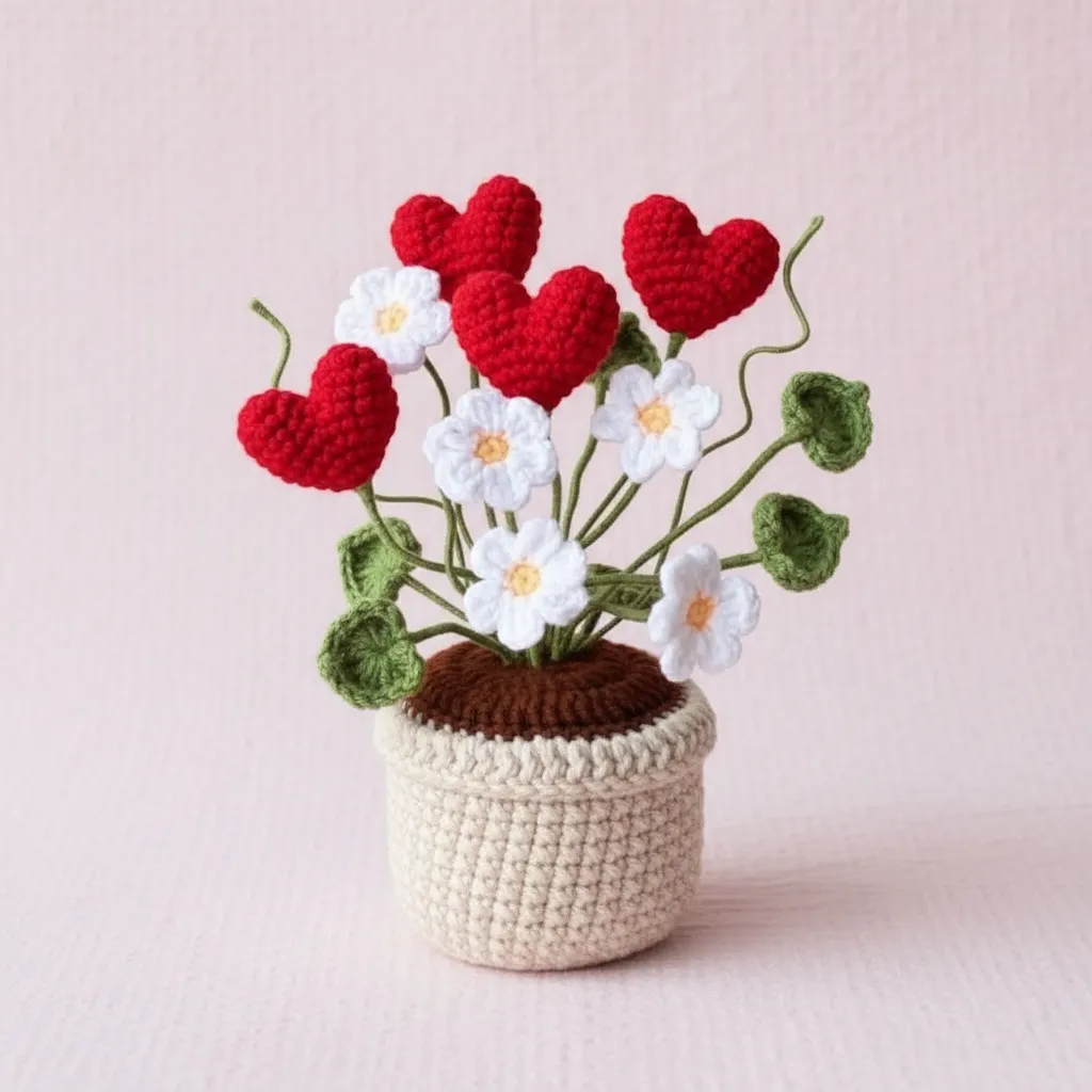 Örgü Kalpli Çiçek Saksı - El Yapımı Dekoratif Hediyelik