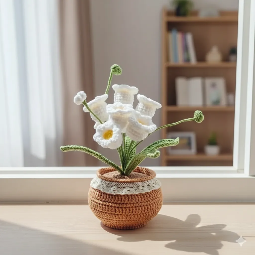 Örgü Beyaz Nergis Çiçekli Kahverengi Saksı - El Yapımı Hediye