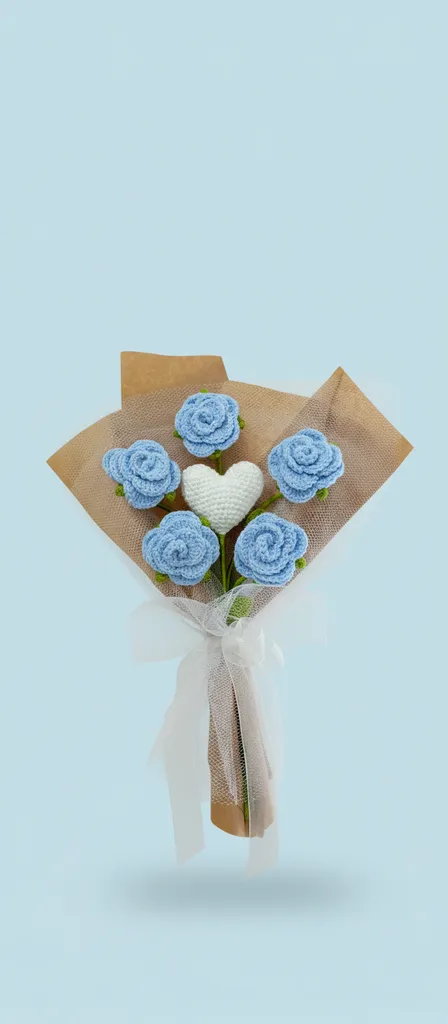 Örgü Mavi Gül ve Kalp Buketi - El Emeği Hediye Çiçek