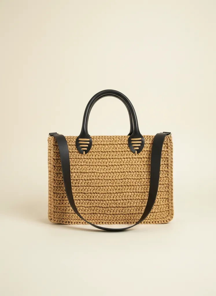 Hasır Örgü Kadın Çanta - Siyah Deri Detaylı Bohem Stil