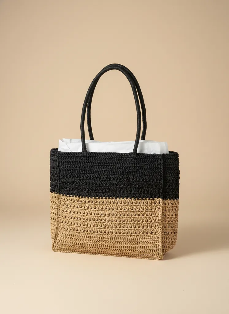 Siyah ve Taba Renkli Hasır Örme Omuz Çantası - El Emeği