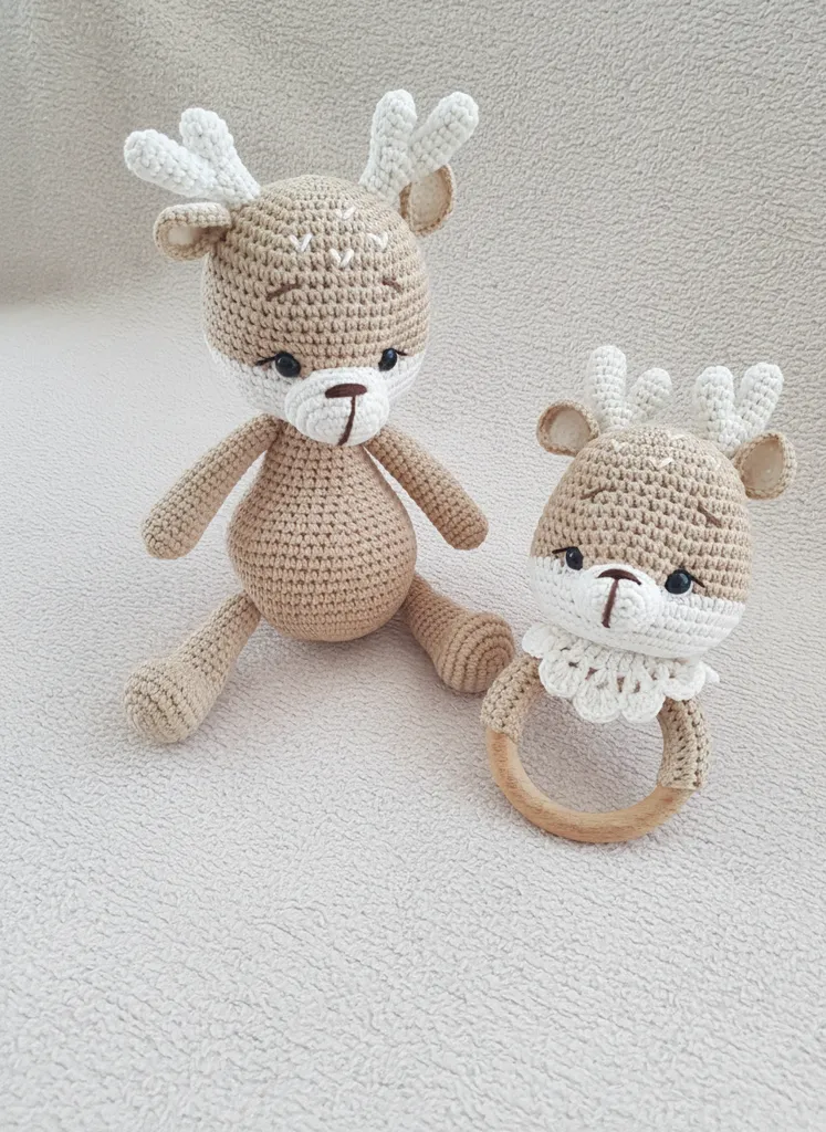 Örgü Geyik Oyuncak ve Çıngırak Seti - Amigurumi El Emeği