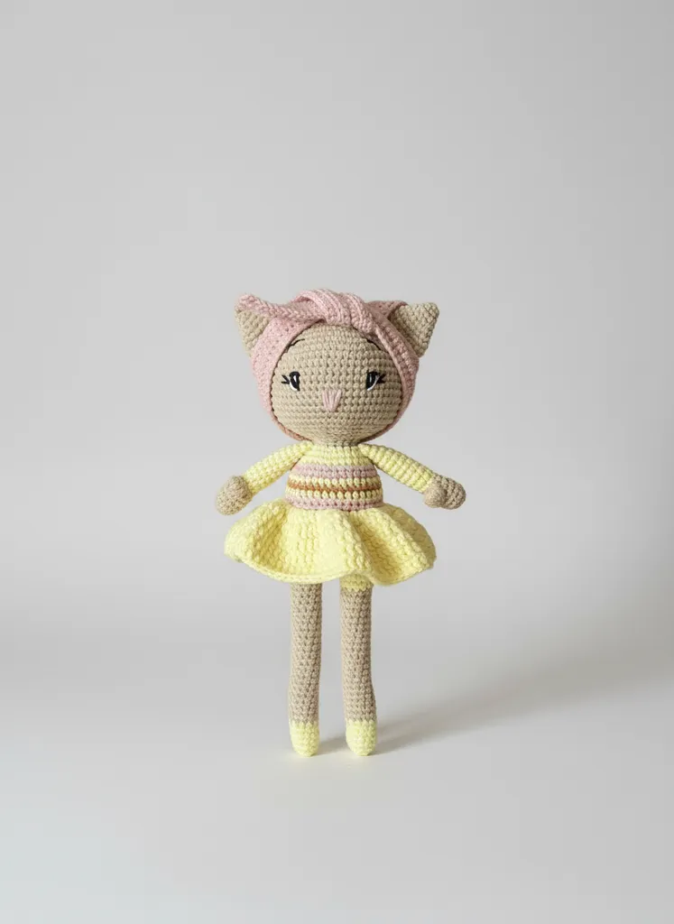 Sarı El Örgüsü Amigurumi Mini Kedi Oyuncak Bebek (7 cm)