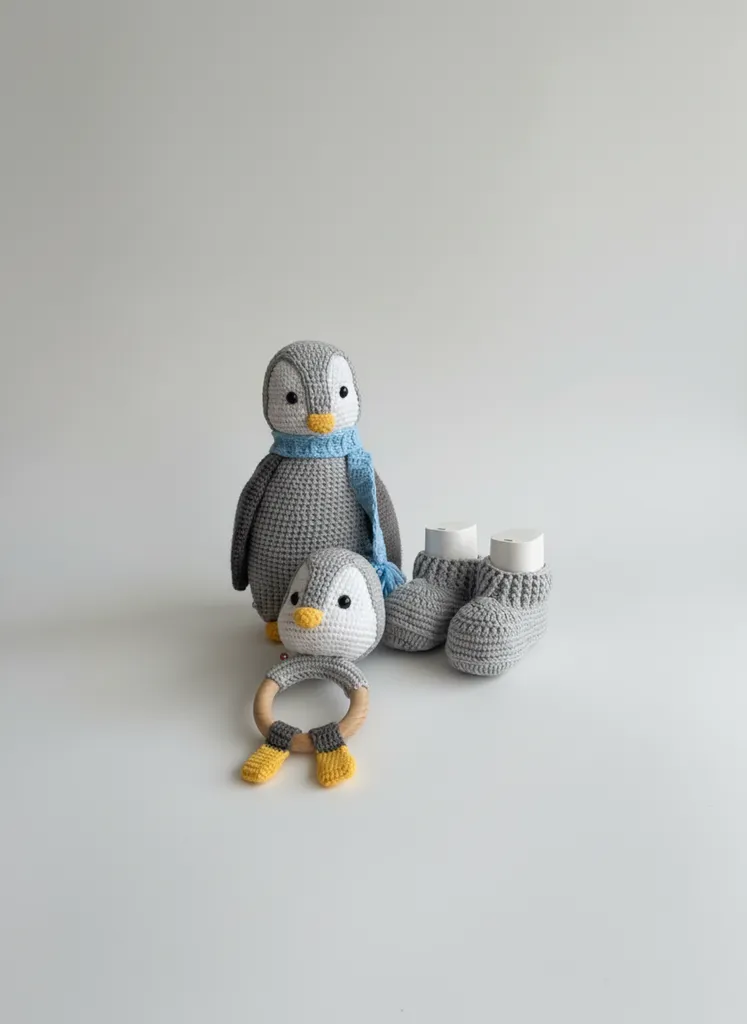 Amigurumi Gri Penguen Bebek Seti (3 Parça) - El Yapımı Oyuncak