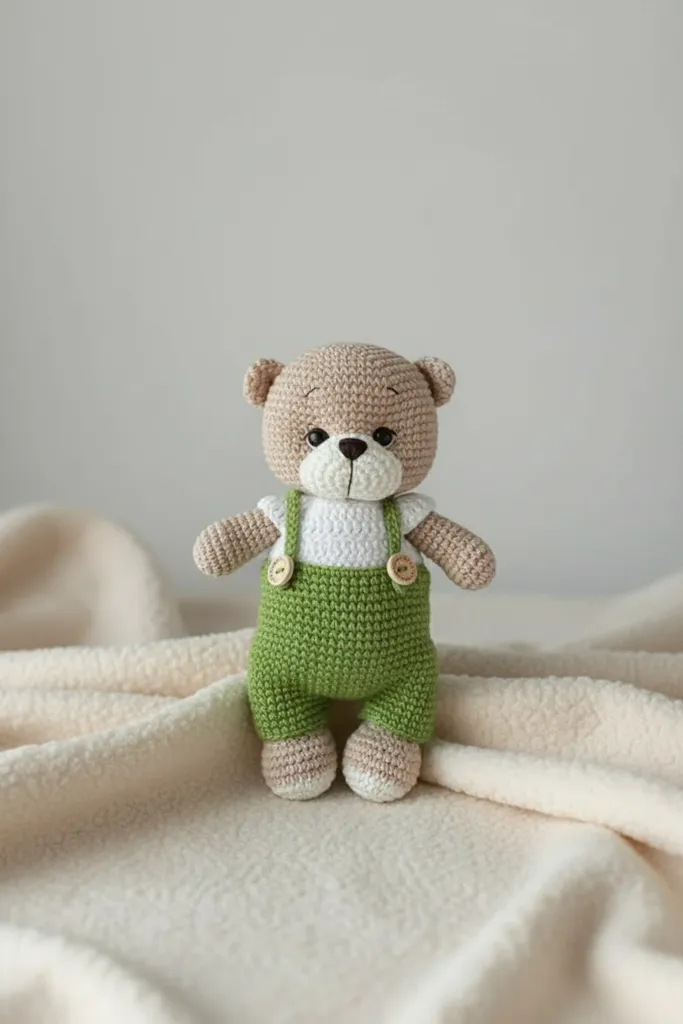 Yeşil Tulumlu Örgü Oyuncak Ayı - Tığ İşi Amigurumi Bebek