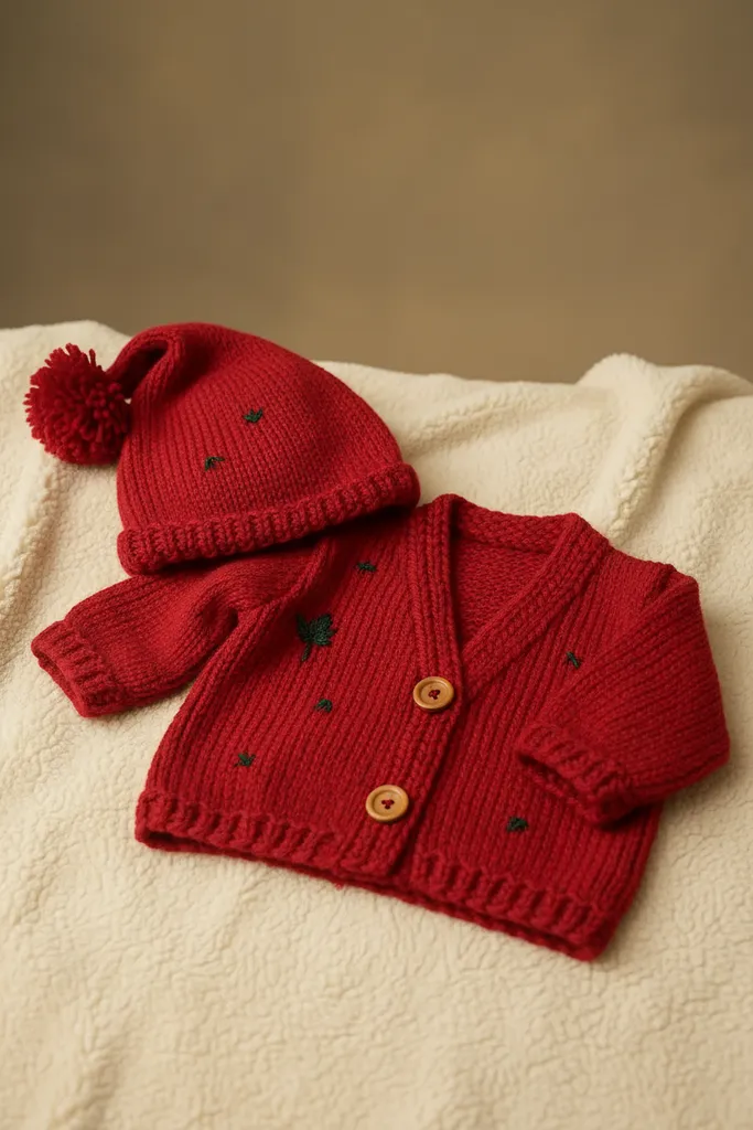 Kırmızı Örgü Bebek Hırka ve Şapka Takımı (0-3 Ay) - El Emeği