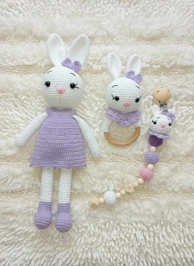 Amigurumi Oyuncak Tavşan Bebek Seti - Lila Elbiseli 3'lü El Emeği
