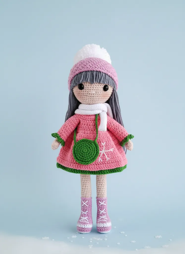 Örgü Amigurumi Kış Bebeği - Pembe Elbise ve Yeşil Detaylı