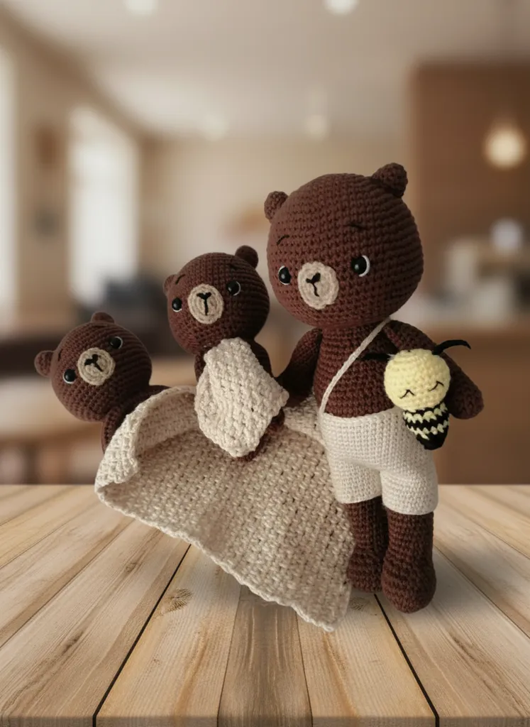 Kahve Tonlarında Amigurumi Ayı Üçlü Seti - El Yapımı Oyuncak