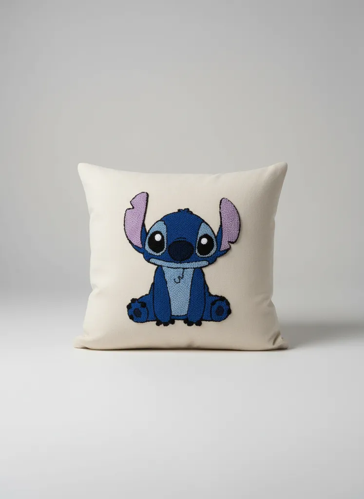 Stitch Desenli Krem Renkli Kırlent - Nakış Detaylı Dekoratif Yastık