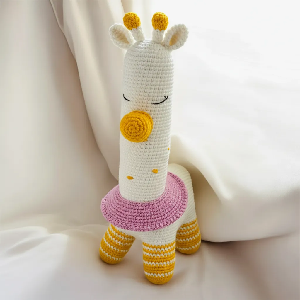 Beyaz Amigurumi Zürafa Oyuncak - Sarı ve Pembe Detaylı - El Yapımı
