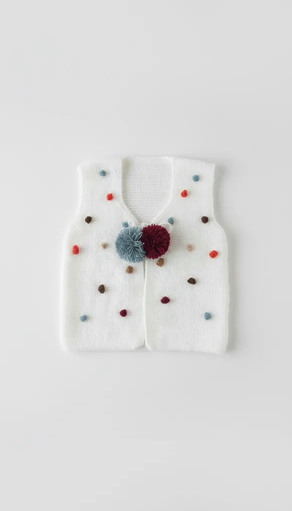 Beyaz Örgü Bebek Yeleği - Renkli Ponpon Detaylı, El Emeği
