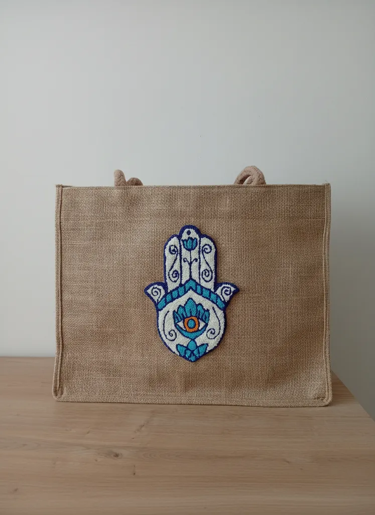 Büyük Boy Punch Nakışlı Jüt Çanta - Hamsa Desenli Plaj Çantası
