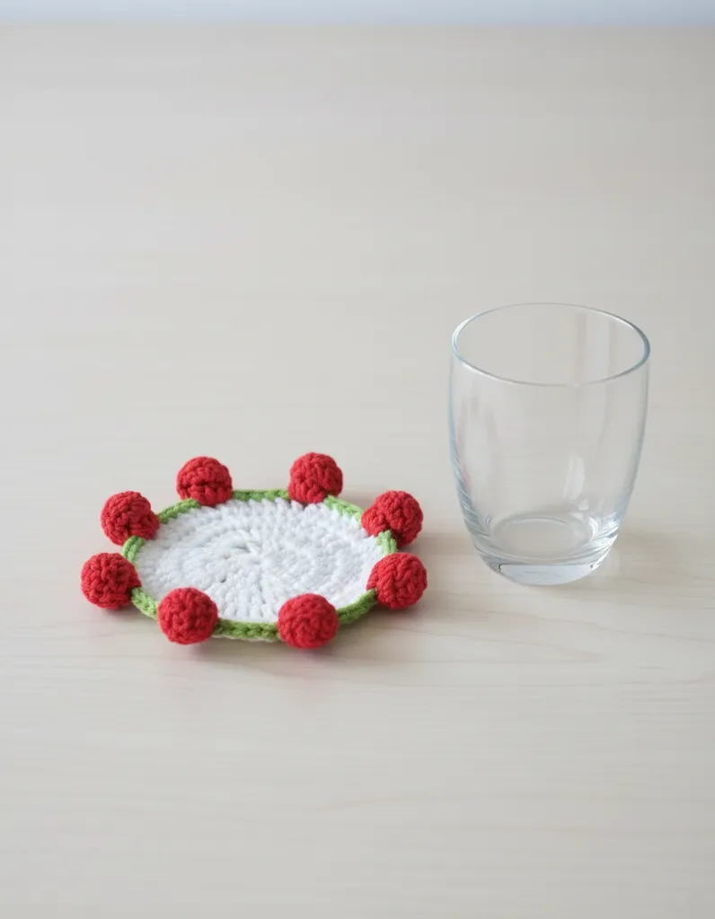 Handmade Crochet Strawberry Figured Coaster | Knitted Fruit Themed Coaster