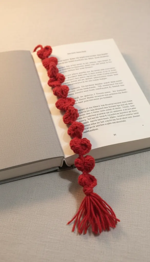 Kırmızı Kalp Motifli El Yapımı Tığ İşi Kitap Ayracı ve Püskül