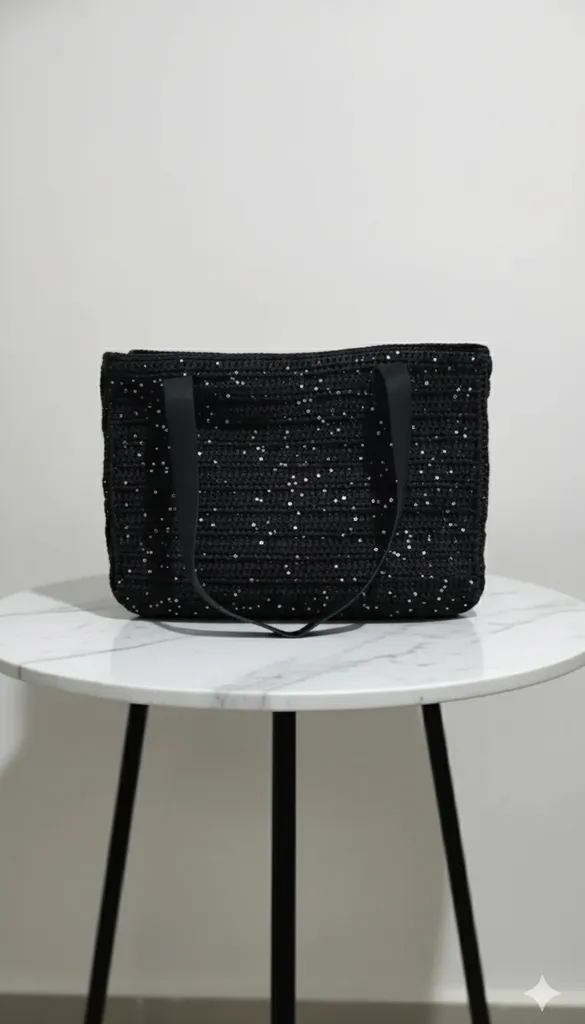 Siyah Simli Örgü Omuz Çantası - Büyük Boy El Emeği
