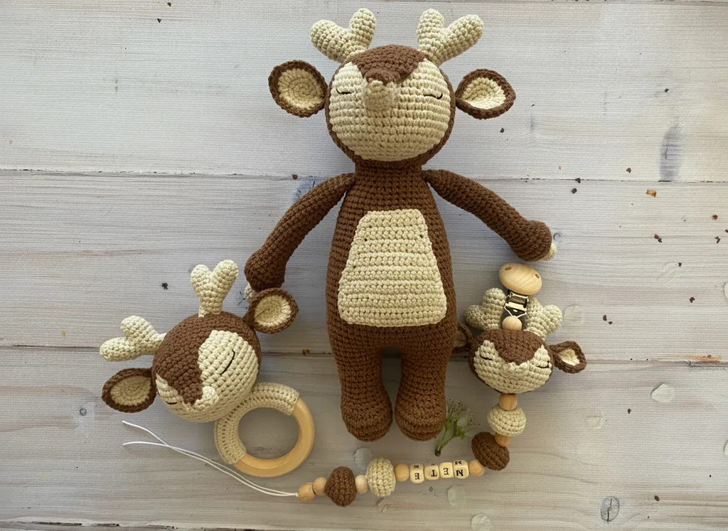 Organik Pamuk İpten Amigurumi Geyik Oyuncak ve Çıngırak Seti