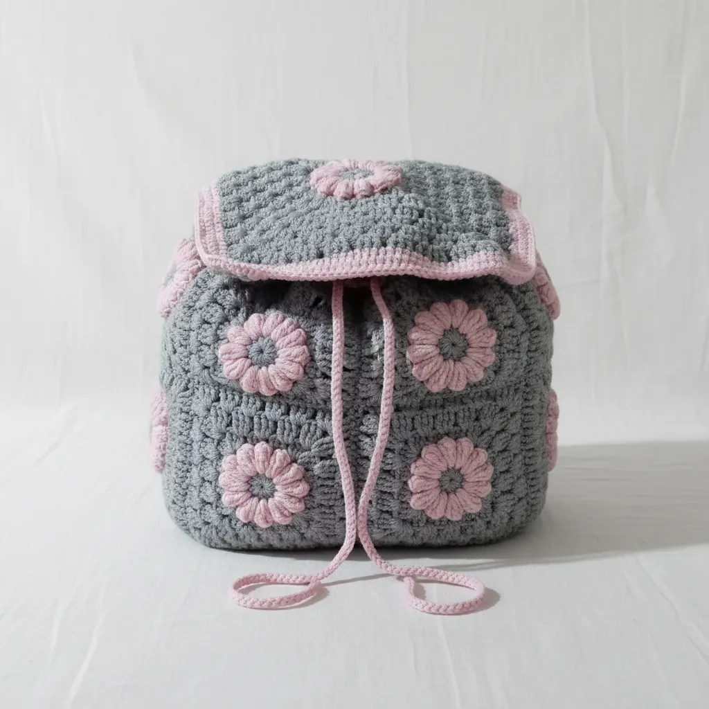 Gri ve Pembe Çiçek Detaylı Örgü Sırt Çantası - El Emeği