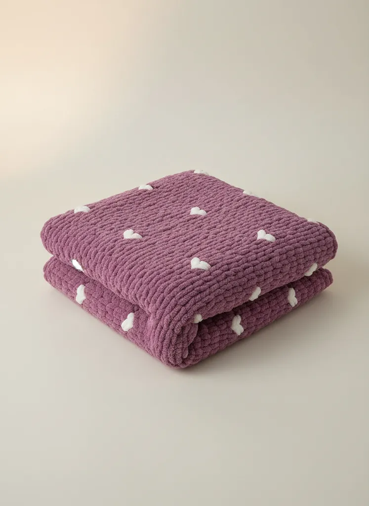 Mor Renkli Kalp Desenli Puffy Bebek Battaniyesi - El Örgüsü