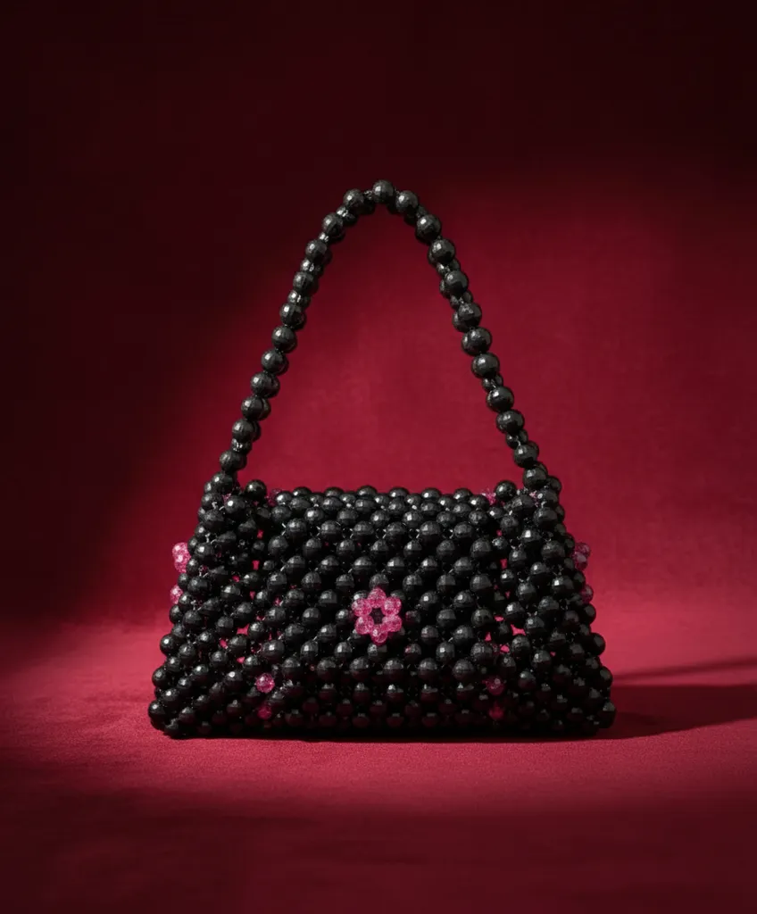 Siyah Kristal Boncuklu El Çantası - Pembe Çiçek Detaylı