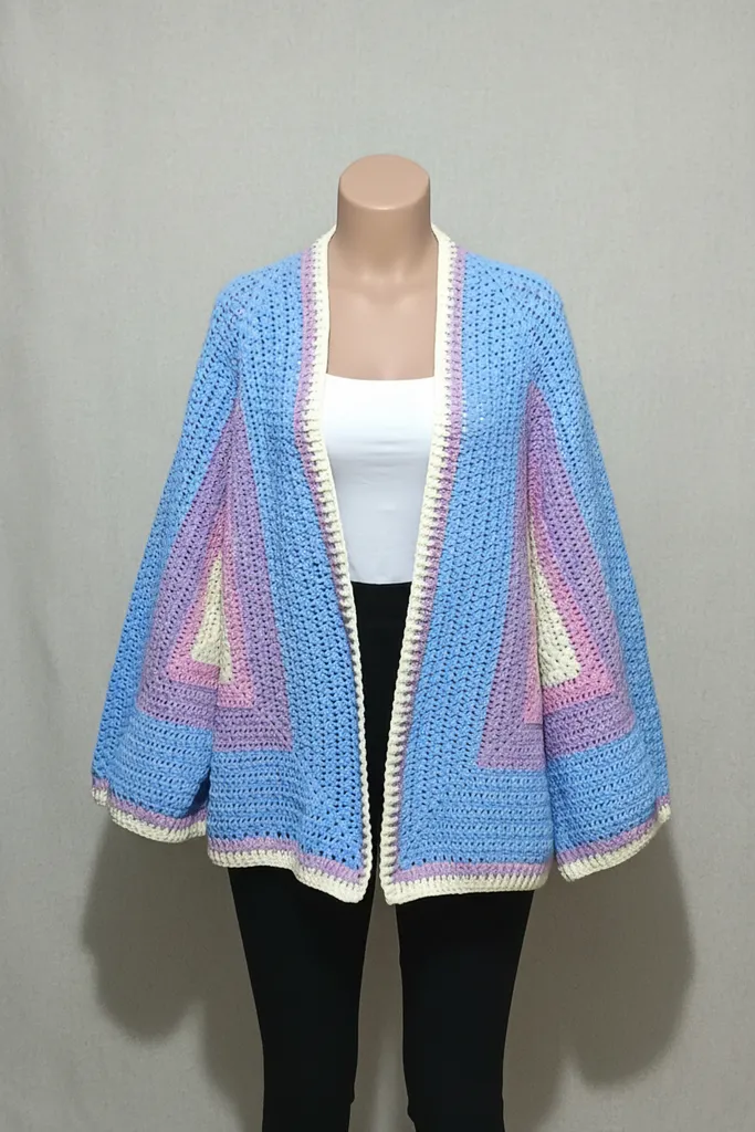 Mavi, Lila ve Krem Renkli Pamuk İplikten Örgü Hırka - El Emeği