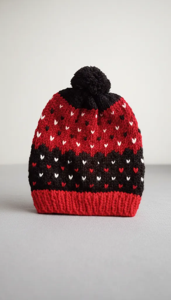 Kırmızı ve Kahverengi Kalp Desenli Ponponlu Örgü Şapka
