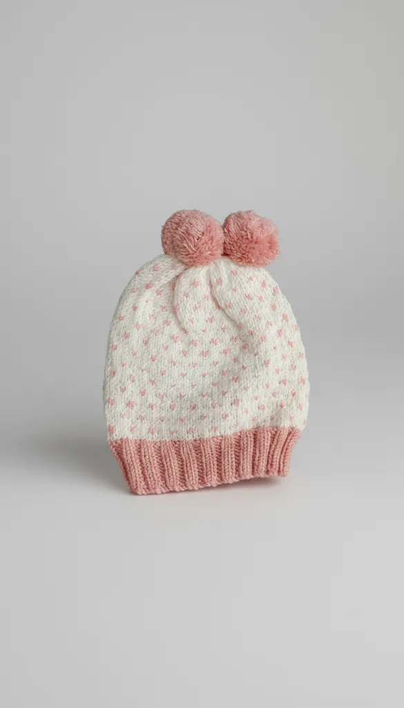 Pembe Kalp Desenli Mini Bunny Örgü Bebek Şapkası