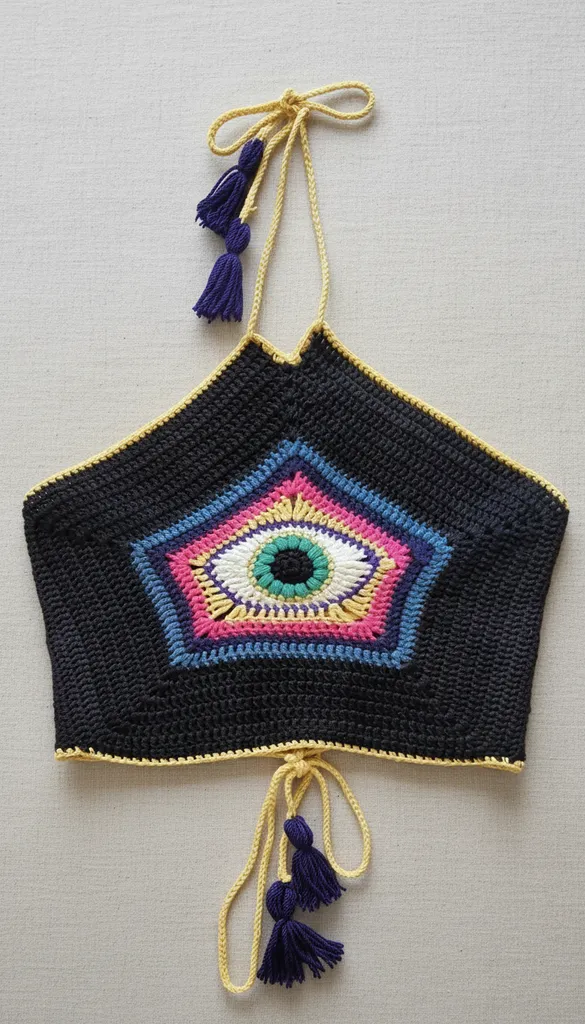 Lacivert Örgü Büstiyer - Nazar Boncuklu, İpli ve Püsküllü - S/M Beden