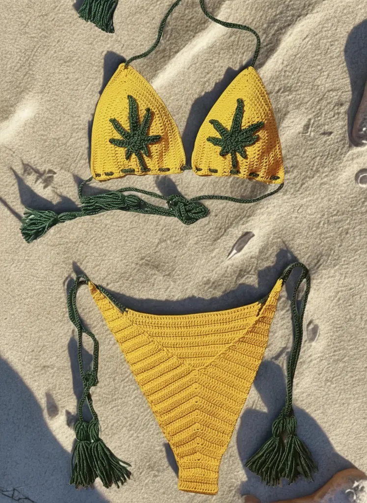 Sarı Örgü Bikini Takımı - Yeşil Detaylı, Brazilian Kesim