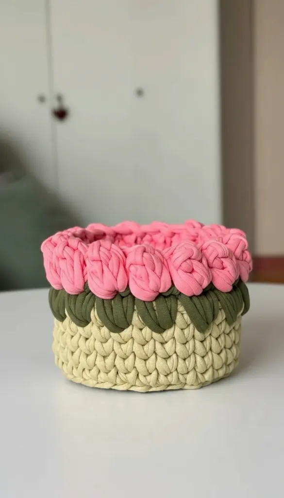 Pembe Çiçekli Örgü Takı ve Makyaj Organizer Sepeti - Penye İp