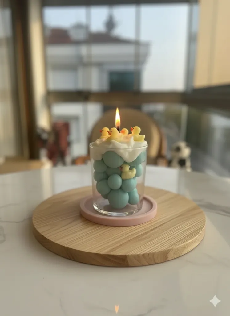 Mavi Baloncuklu ve Ördek Figürlü Dekoratif Mum - Duckie Bath
