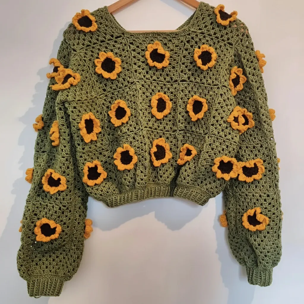 Yeşil Ayçiçeği Motifli Örgü Kazak - Nako Cotton El Emeği