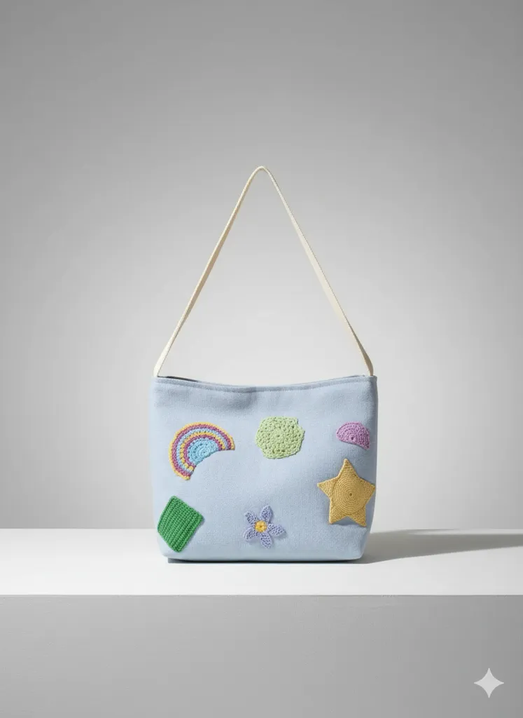 Açık Mavi Kot Çanta - Renkli Örgü Motif Detaylı, El Yapımı