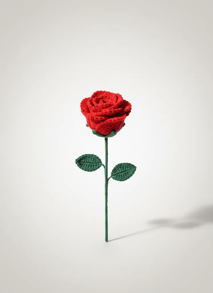 Kırmızı Örgü Gül  dalı - %100 Pamuk İplik, El Yapımı