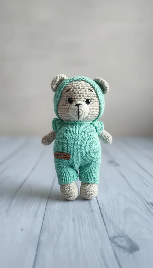 Örgü Oyuncak Ayıcık - Mint Yeşili Tulumlu - 21 cm - El Emeği