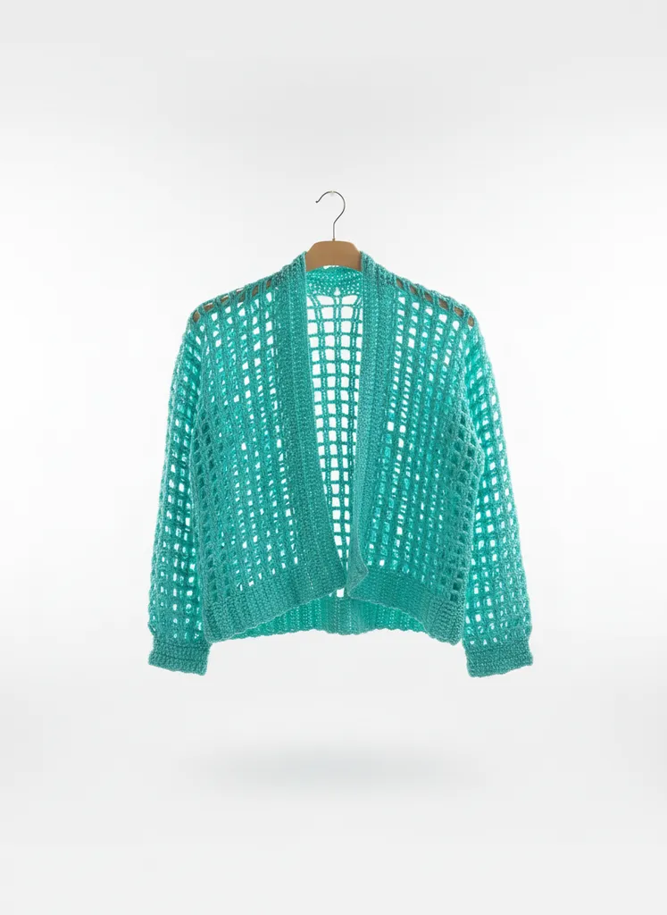 Turkuaz File Örgü Hırka - M Beden, El Örgüsü Yazlık Stil