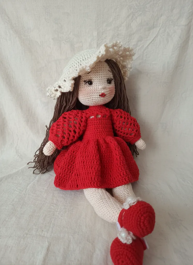 Kırmızı Elbise ve Krem Şapkalı Örgü Mathilda Bebek Oyuncak