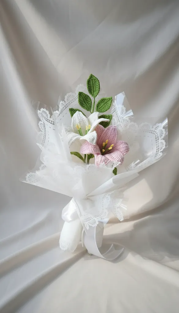 Örgü Zambak Çiçek Buketi - Beyaz ve Pembe - El Yapımı