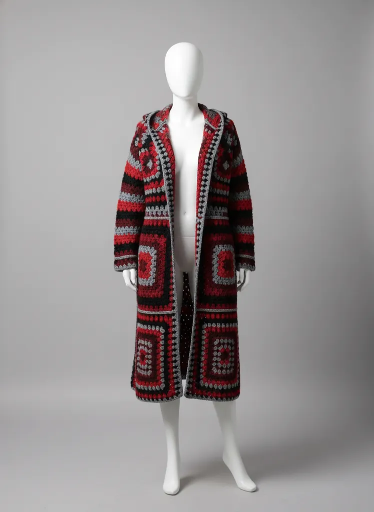 Kırmızı ve Siyah Motifli Uzun Örgü Hırka - El Emeği